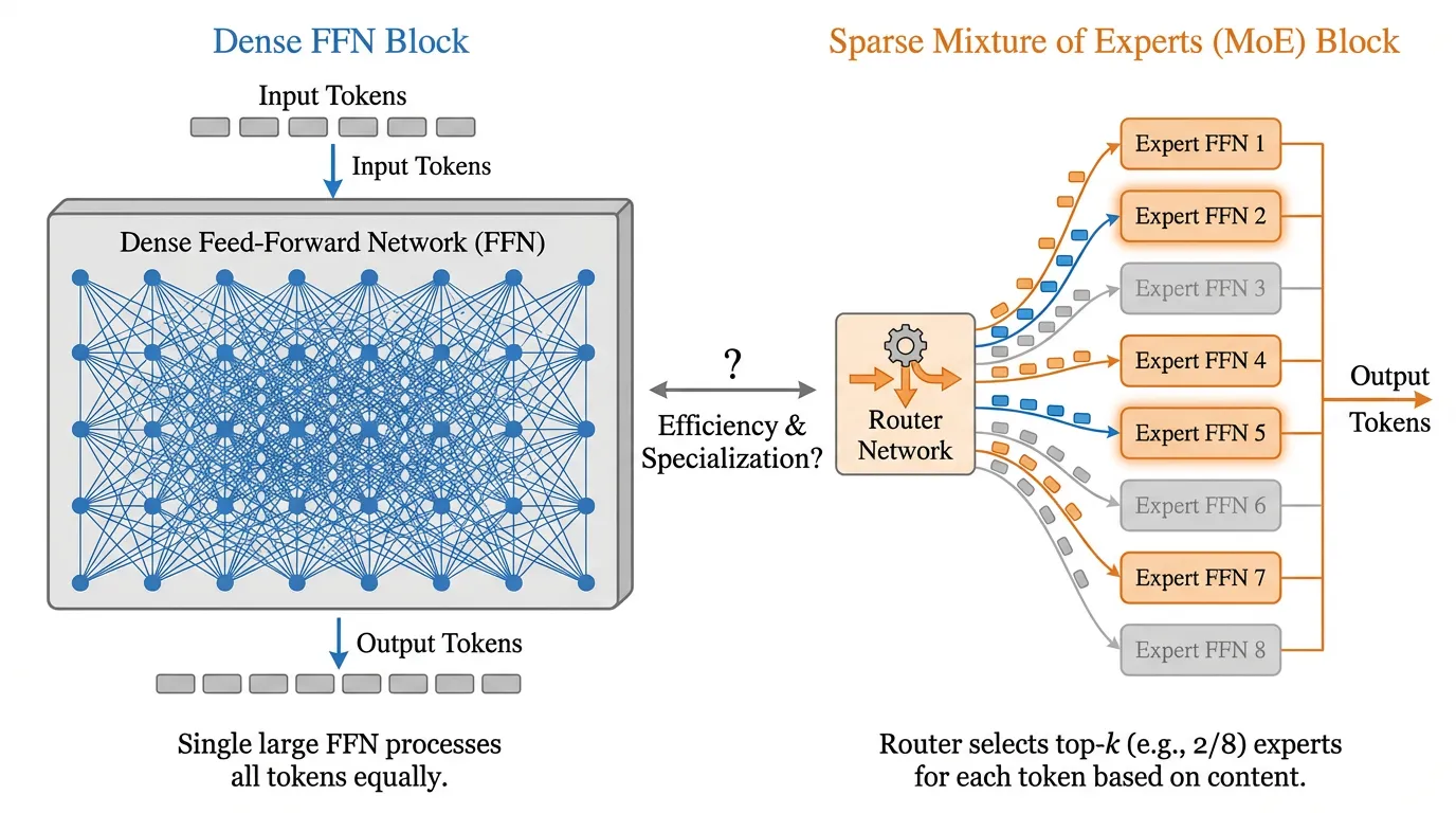 Dense Transformer vs. Sparse MoE Architecture